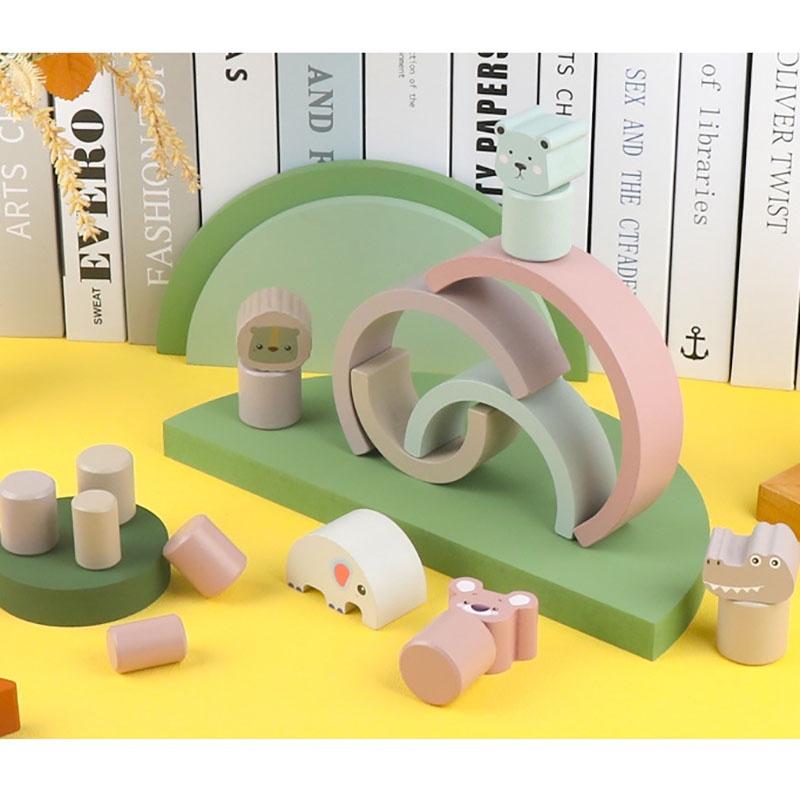 Colorful Wooden Rainbow Animal Building Blocks Educational Toy For Children Ages 4-6