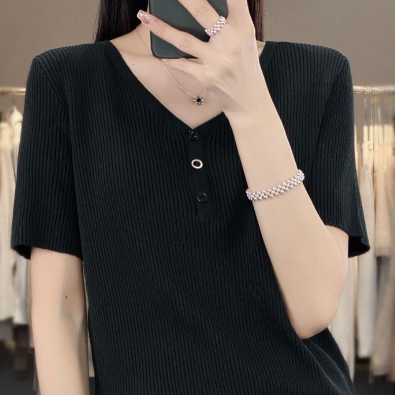 

Свитер из ледяного шелка с V-образным вырезом, летний новый, модный топ с коротким рукавом, модный универсальный пуловер, базовая футболка XXL