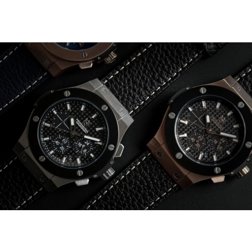 HYAKUICHI 101 No.8L Hyakuichi Chronograph Watch in Pink Gold with Carbon Fiber and Black Leather Strap