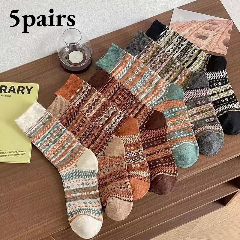 

5/20pcs Vintage Ethnic Pattern Crew Socks for Men, Thick & Warm for Fall Winter, Sweat Absorbent Mid Calf Socks,Women Socks One Size