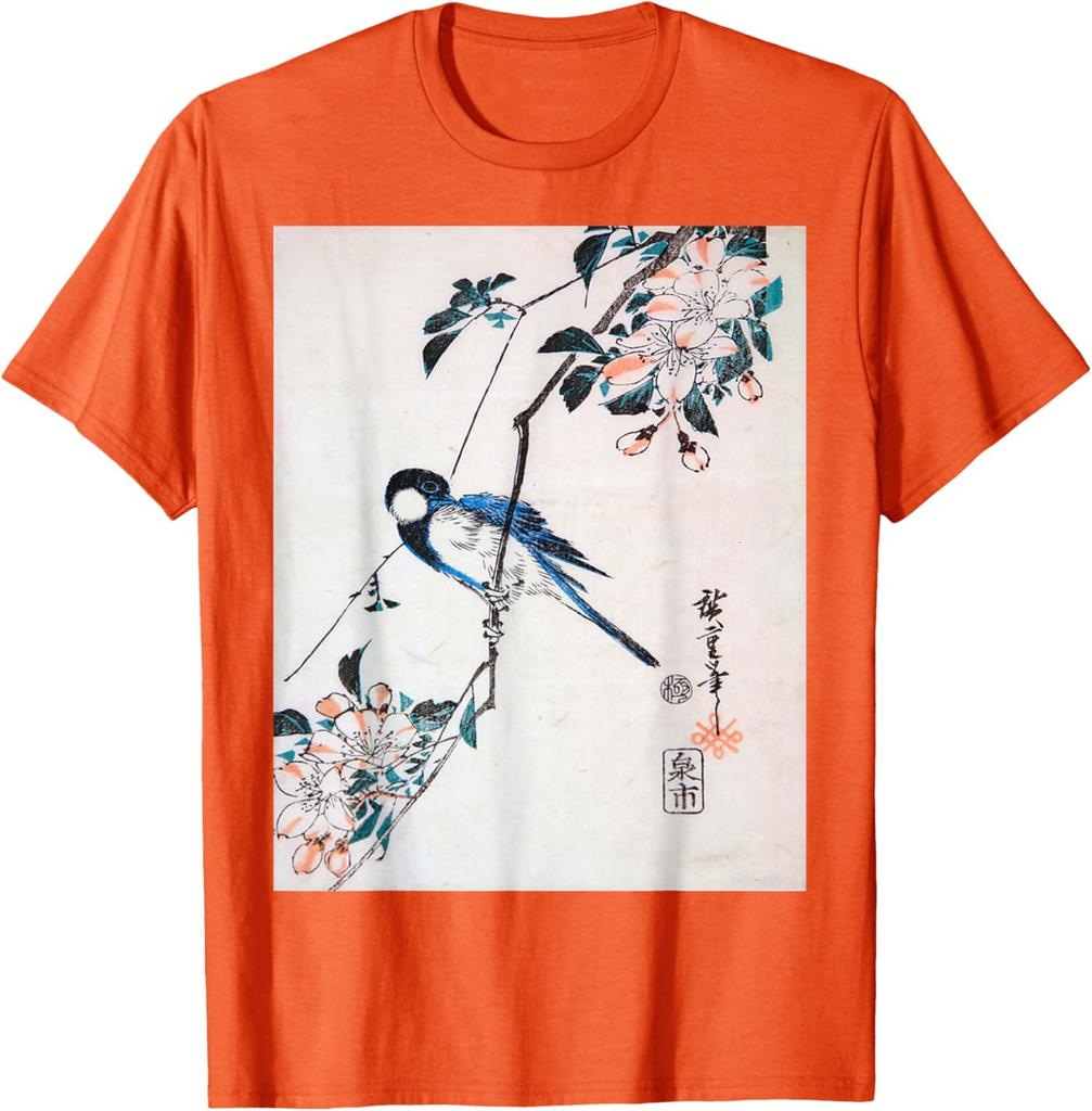 Great Titmouse on a Crab Apple Branch Utagawa Hiroshige Print Mens Casual Cotton TShirt