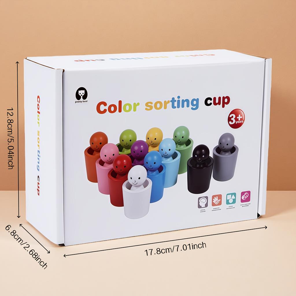 A 24pcs Wooden Sorting Cup Set in a Colorful Box, Featuring Cute Wooden Figurines for Educational Play. Enhances Observation and Hands-on Skills