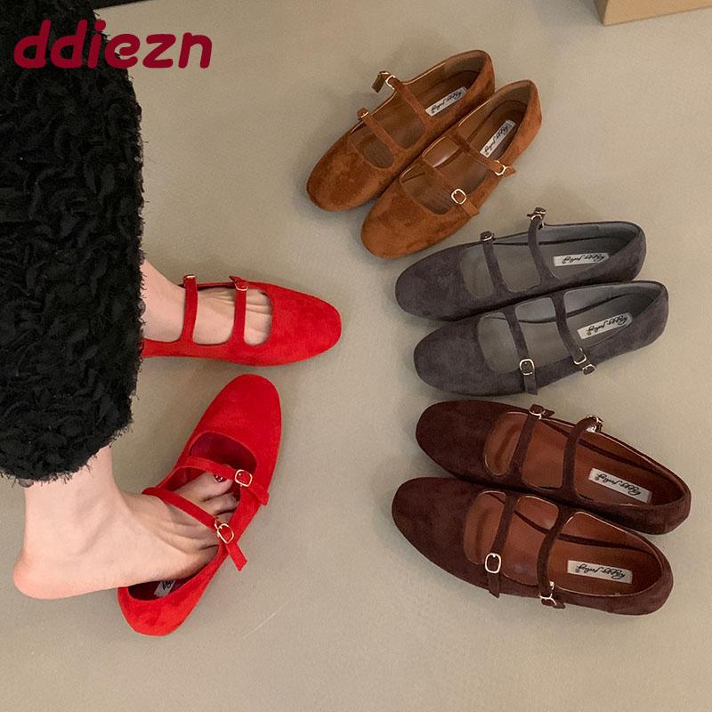 Fashion Buckle Fashion Flock Ladies Mary Janes Flats Shoes 2025 New Shallow Female Soft Footwear Round Toe Women Ballet Flats Shoes