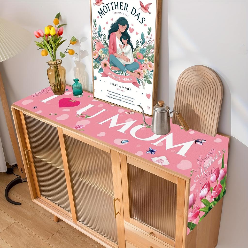 1pcs Happy Mother's Day Pink Tulip Love Heart Polyester Table Runner Spring Flowers Leaves Table Runners Dining Table Decoration