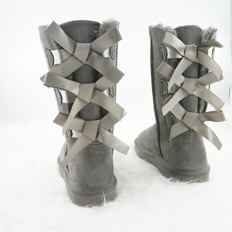 Novedad Invierno Pajarita Niña Botas Altas Cuero Genuino Mujer Botas de Nieve Botas de Felpa Gruesa Zapatos de Mujer Zapatos Cálidos