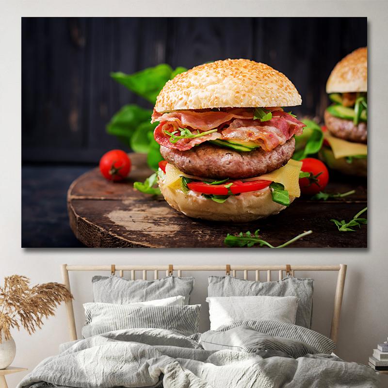 Amerikanischer Stil Fast-Food-Bilder, Leinwandgemälde, Hamburger, Pommes, Hot Dog, Poster und Drucke für Wohnzimmer, Küche, Wanddekoration
