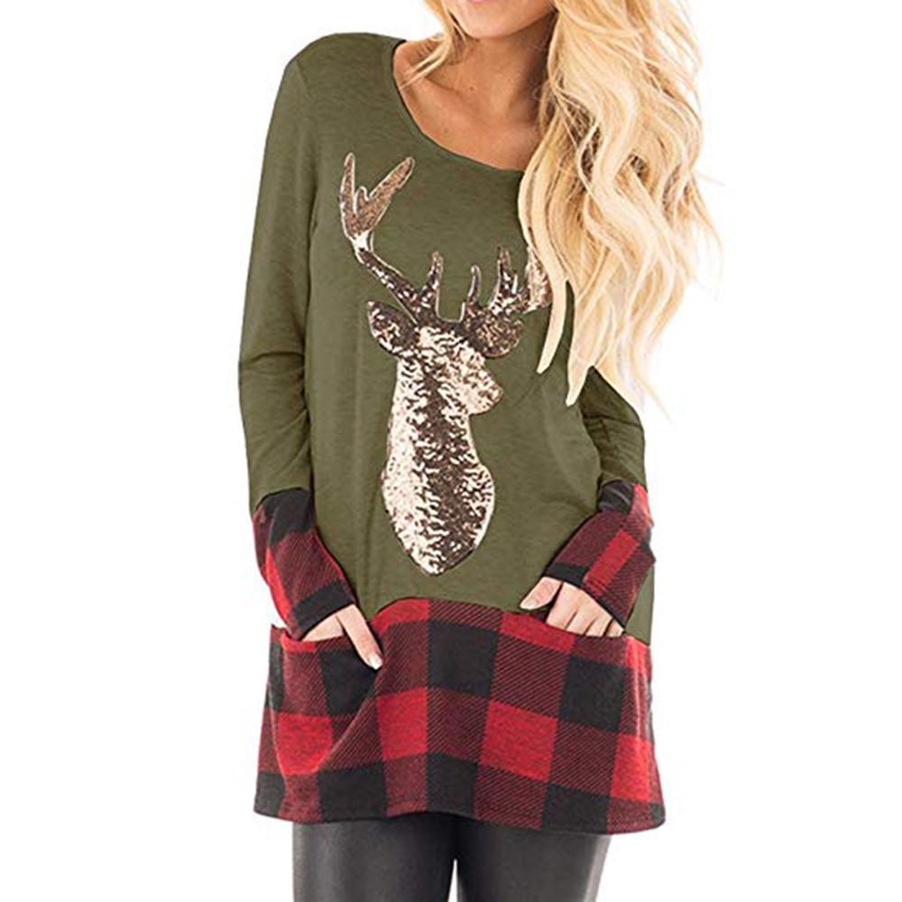 Womens Christmas Tops Plaid Splice Hem Long Sleeve Cute Tunic Blouse