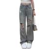 Women's Spring/Summer 2025 Rhinestone Ripped Wide-Leg Jeans - Plus Size, Light Wash, Floor-Length, Straight Leg.