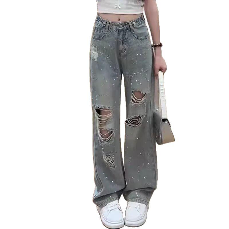 Women's Spring/Summer 2025 Rhinestone Ripped Wide-Leg Jeans - Plus Size, Light Wash, Floor-Length, Straight Leg.