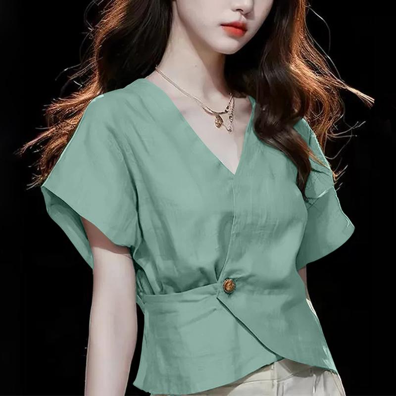 

ZANZEA Женская повседневная летняя блузка с коротким рукавом и V-образным вырезом