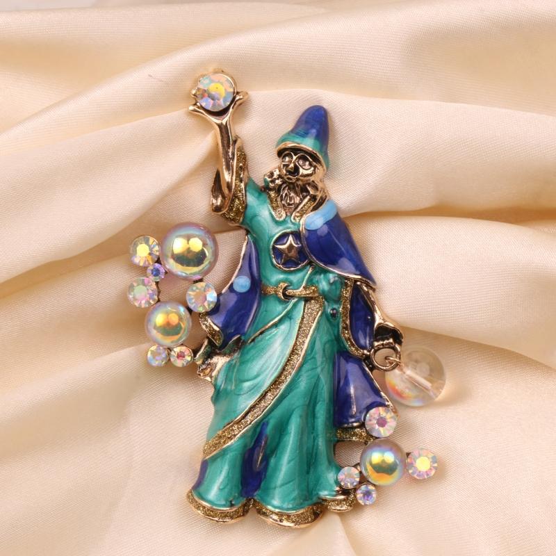 Vintage Women Men Fashion Sorcerer Enamel Crystal Pin Brooch Retro Classic Lady Palace Style Lady Drip Oil Badges Corsages