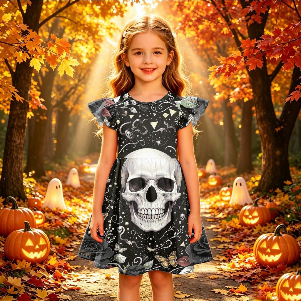 Kids Casual Halloween Printed Sleeve Dress for Party and Daily Wear