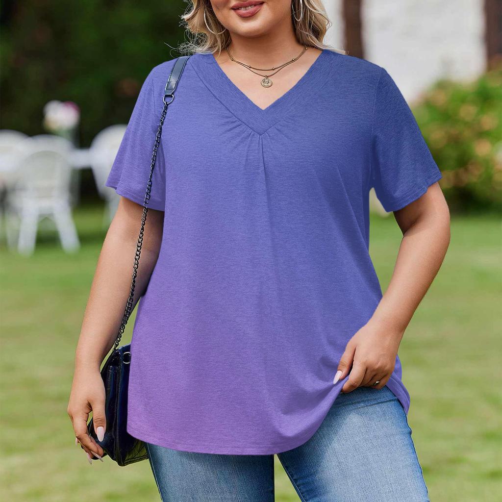 Damska Modna Codzienna Luźna Bluzka Plus Size z Krótkim Rękawem Elegancka z Dekoltem V Do Pracy