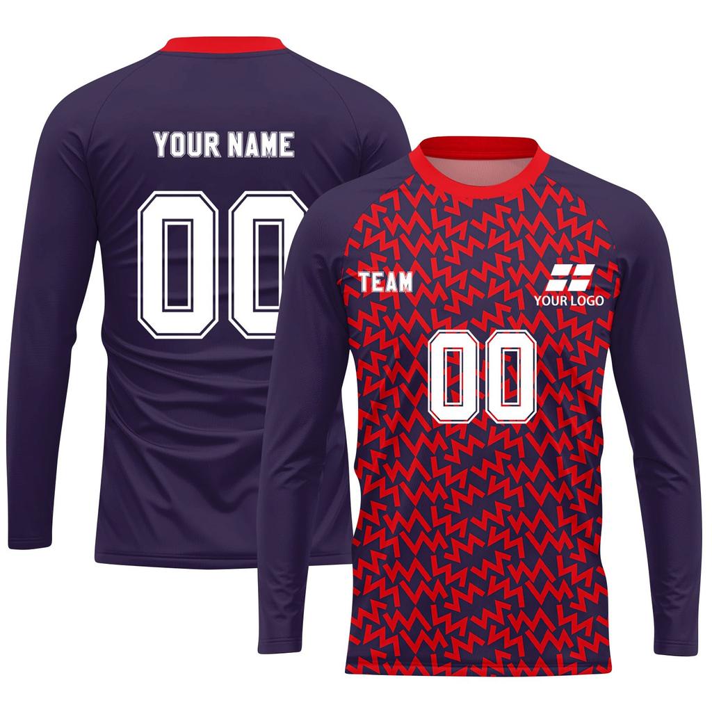 Men’s Long Sleeve Athletic Shirt, -Wicking Sports Top, Lightweight Running Jersey, Red & Navy, Quick Dry
