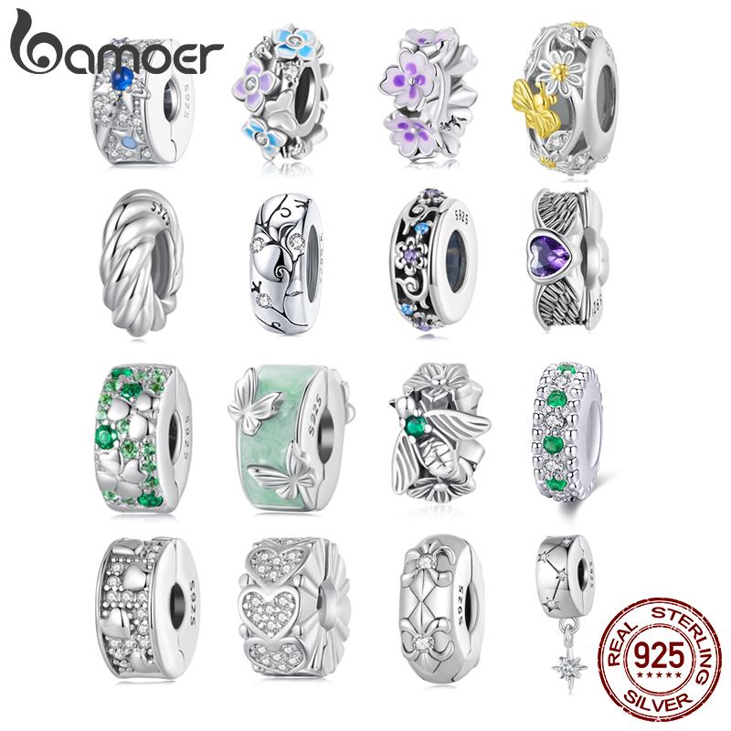 BAMOER 925 Silver Clasp CZ pave Clip Charms Daisy Beads Stopper Safety Chain fit Charm Bracelet Jewelry Clip