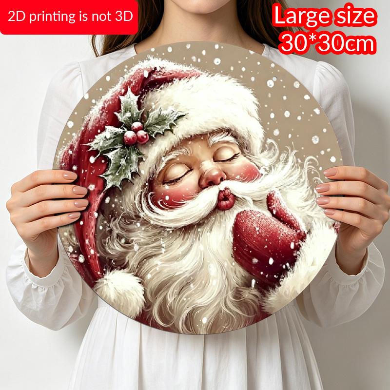 2D Flat, Whimsical Santa Round Aluminum Decor Sign, Country Style Holiday Wall Art, Featuring Cute Santa & Snowflake Patterns, Pre-Drilled for Easy