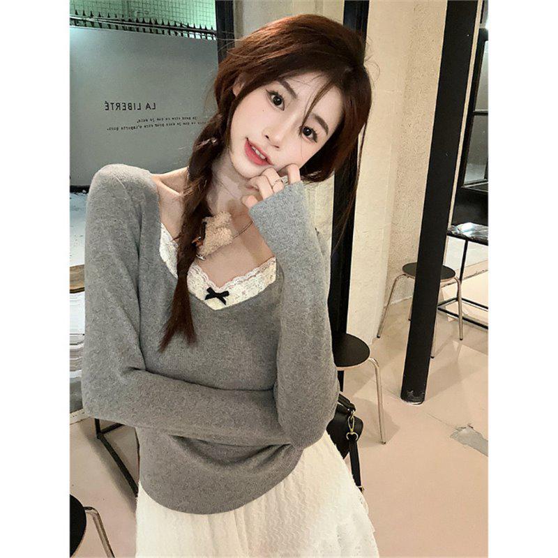 

Women s 2024 Autumn Lace Trim V-Neck Slim Fit Long Sleeve Patchwork Shirt Large сірий колір