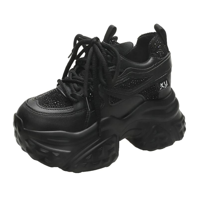 

11СМ Женские Повседневные Кроссовки на Платформе на Высоком Каблуке 2024 Новые Осенние Спортивные Кожаные Туфли Блестящие Кроссовки Массивные Кроссовки Zapatos Mujer 39 чёрный