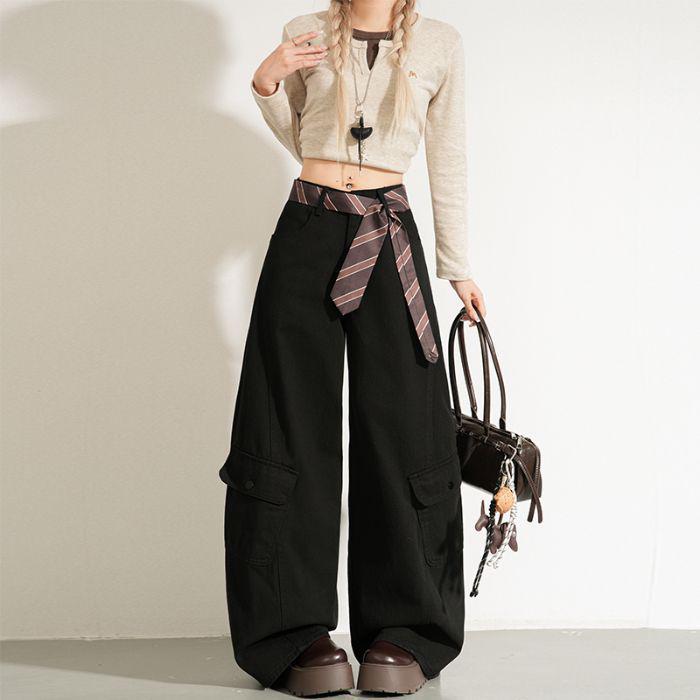 2025 Women s Military Green Retro Low-Waist Wide-Leg Jeans Small