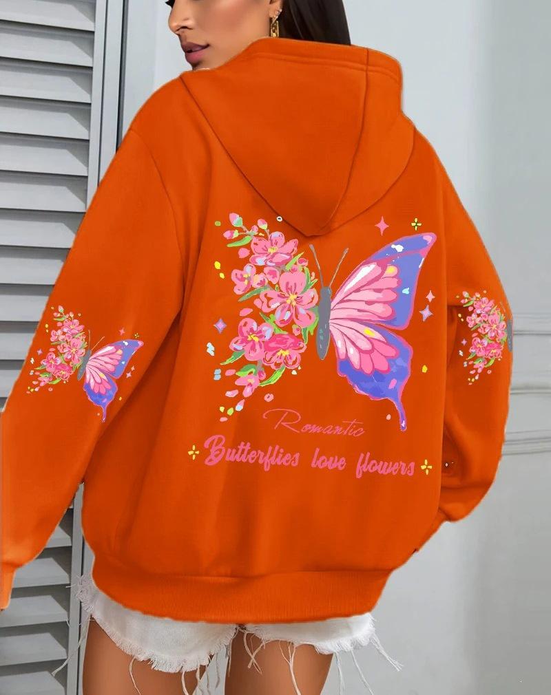 Butterfly Love Floral Print Women's Fleece Hoodie - Loose Fit with Pockets