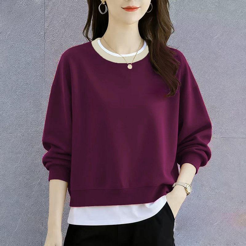 Spring and Autumn New Women's Round Neck Sweatshirts Loose Design Niche Fake Two-Piece Tops