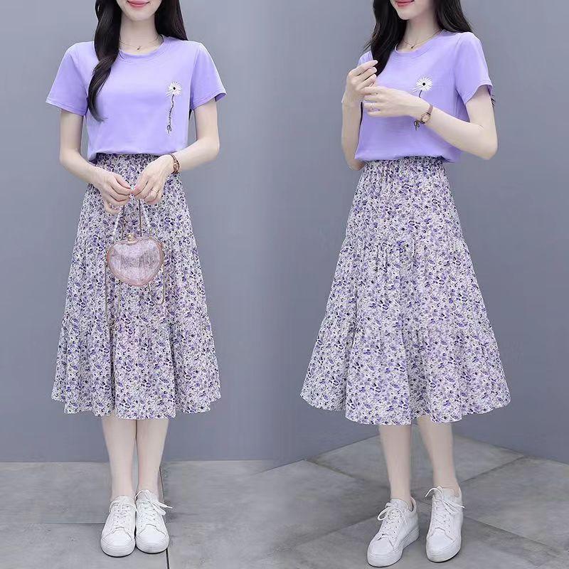 WTEMPO Dámská fialová květinová poloviční sukně šifonová sukně střední délky volný elastický pas