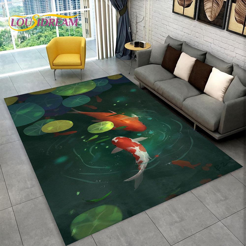 3D Pastoral Tai Chi Carp Fish Area Rug,Carpet Rug for Living Room Bedroom Sofa Doormat Decor,Kid Play Kitchen Non-slip Floor Mat