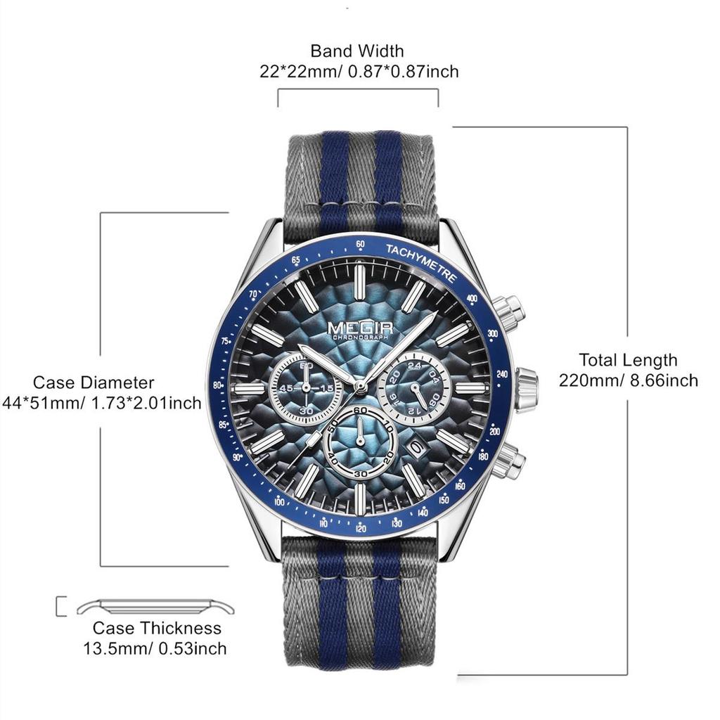 MEGIR Men's Sport Chronograph Watch, Outdoor Casual Quartz Wristwatch, 3ATM Water Resistance, Striped Canvas Band, Date Display