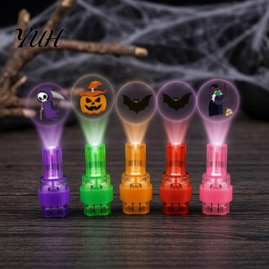 Plastic Projection Flashlight Halloween Finger Projector Light with Pumpkin Ghost Bat Patterns, Glowing Ring Toy for Kids, Spooky Party Prop LED Lamp