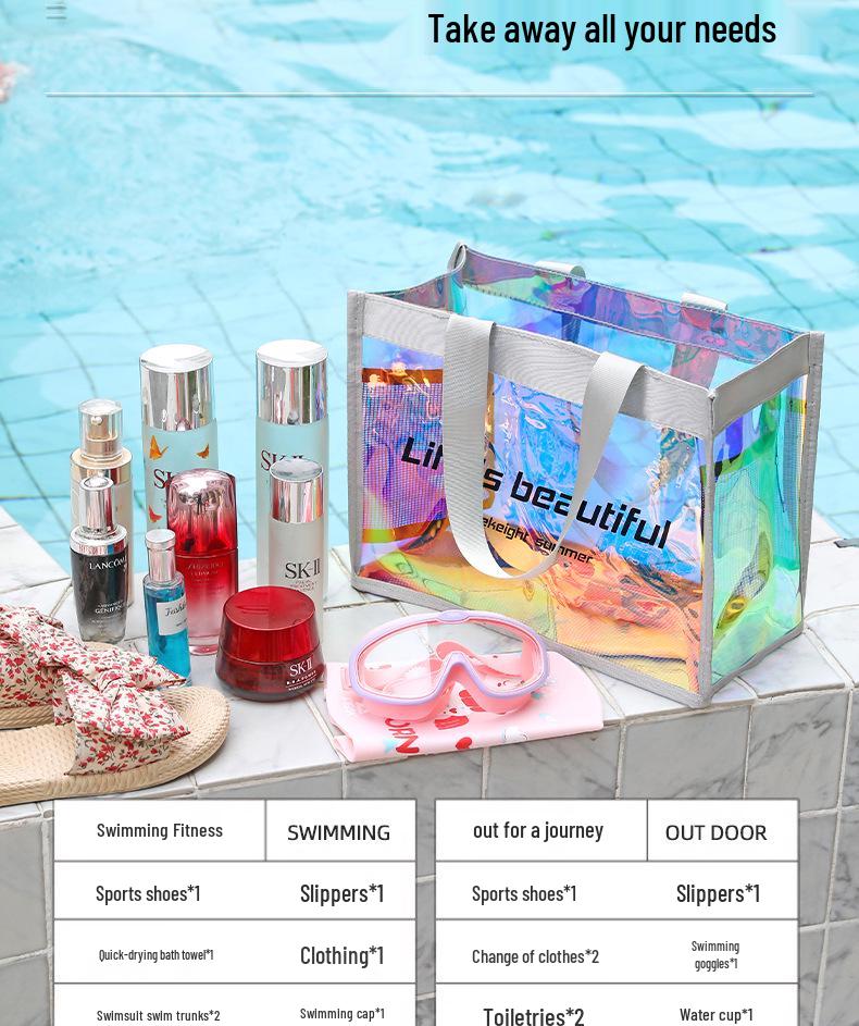 Laser Iridescent PVC Beach Tote - Transparent, Sealed Edge, Multi-Purpose Bag for Shopping, Gifts, and More