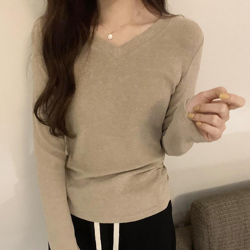 Simple Pullover V-neck Solid Color Long-sleeved Versatile Top for Women Autumn and Winter New Pleated Chic T-shirt Bottoming Shirt Trendy