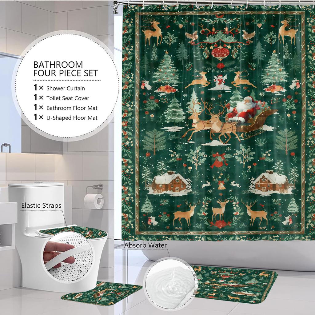 4pcs Christmas Green Forest Santa Claus Printed Bathroom Set 1pc Waterproof Shower Curtain Floor Mat Toilet Lid and U-shaped Pad