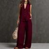 Completo da Donna in Due Pezzi con Gilet Scollo a V Senza Maniche Monopetto e Pantaloni a Gamba Larga Vita Alta Aspetto Lino