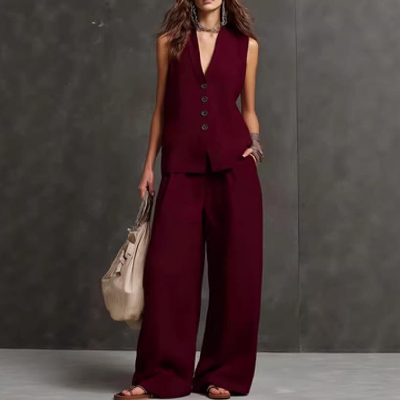 Completo da Donna in Due Pezzi con Gilet Scollo a V Senza Maniche Monopetto e Pantaloni a Gamba Larga Vita Alta Aspetto Lino