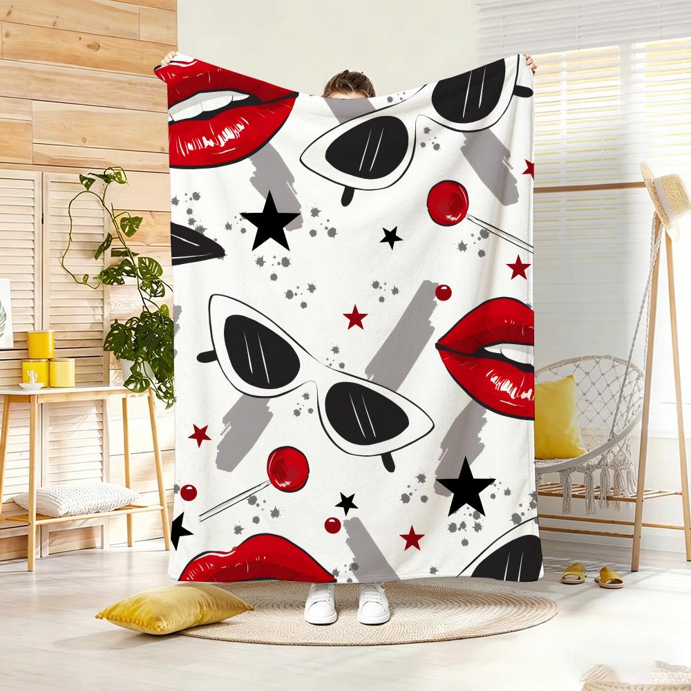 Artistic Pattern R-Retro Red Lips Sunglasses Throw Lightweight 240g Flannel Blanket Soft Skin-friendly for Summer Cooling