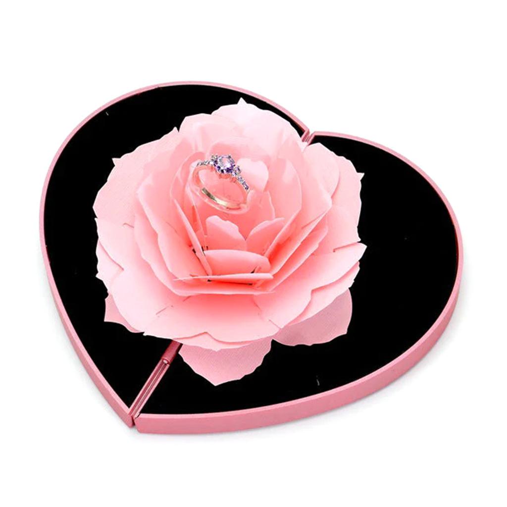 Herzförmige drehbare Rosenring-Box, High-End-Samt, verstellbar, kreative Geschenkbox für den Valentinstag zur Schmuckaufbewahrung