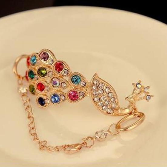 Kvinners Vintage fargerik Rhinestone Peacock Bird Chain Bangle armbånd smykker