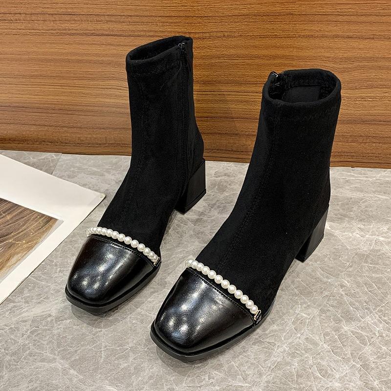 Fashion Stylish Beaded Spliced Suede Side Zipper Non-Slip Wear-Resistant Block Heel Short Thigh Boots Autumn New Single Boots