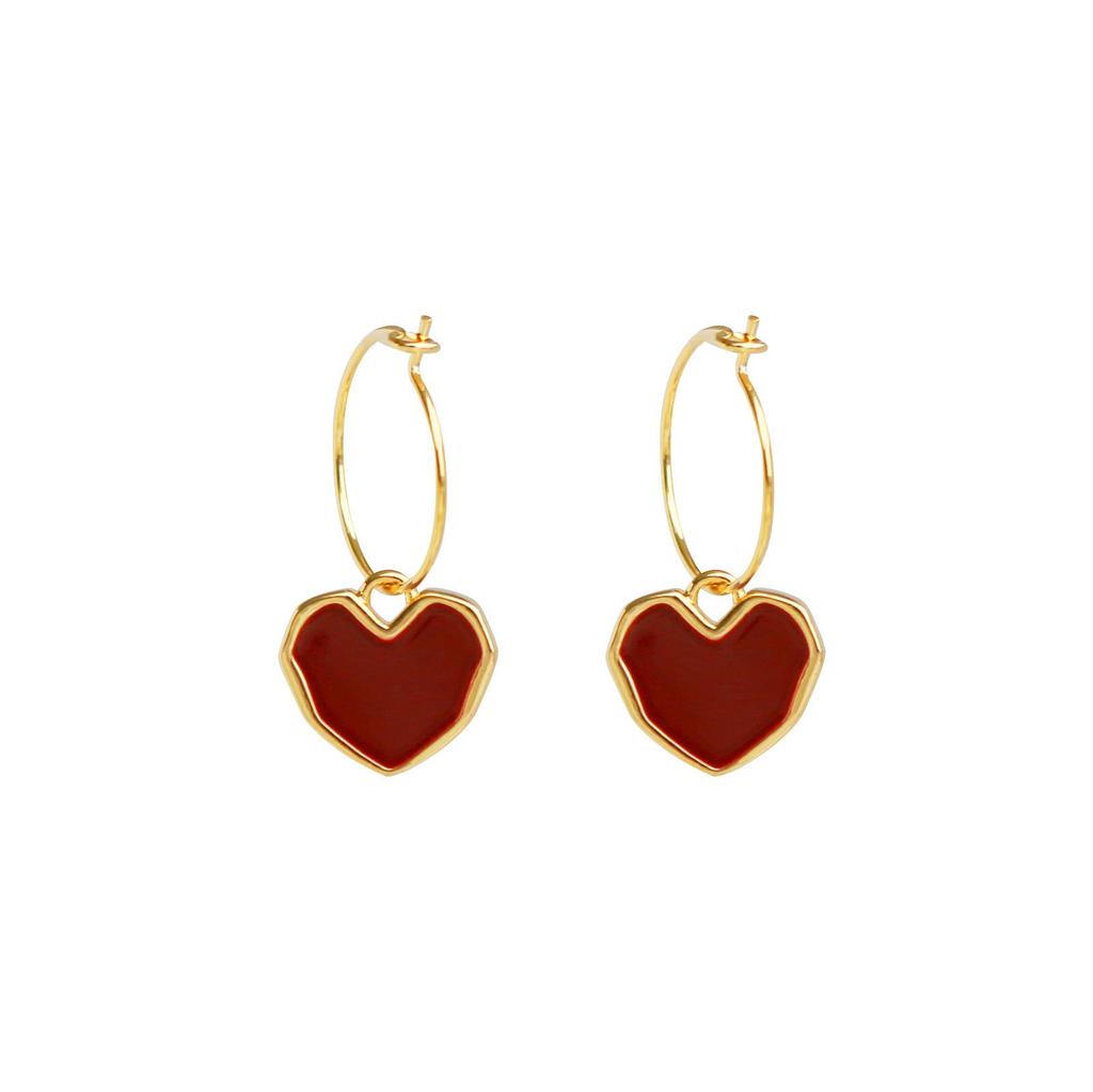 Burgundy Drip Glaze Heart Hoop Earrings for Women - Simple & Versatile Dangle Accessory