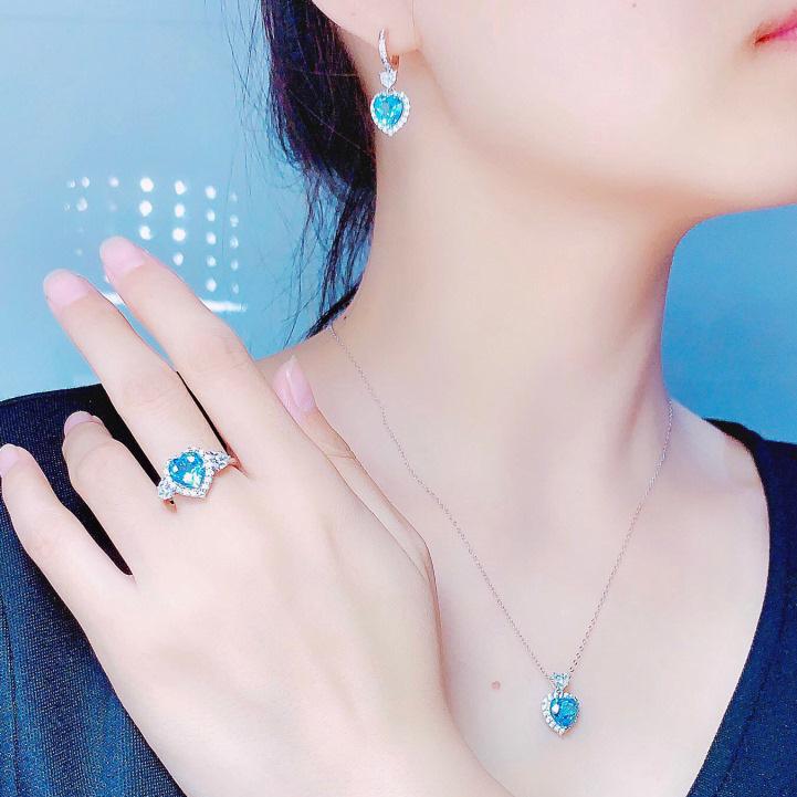 Imitation Natural Swiss Topa Blue Ring Pendant Earrings Set Women's Jewelry