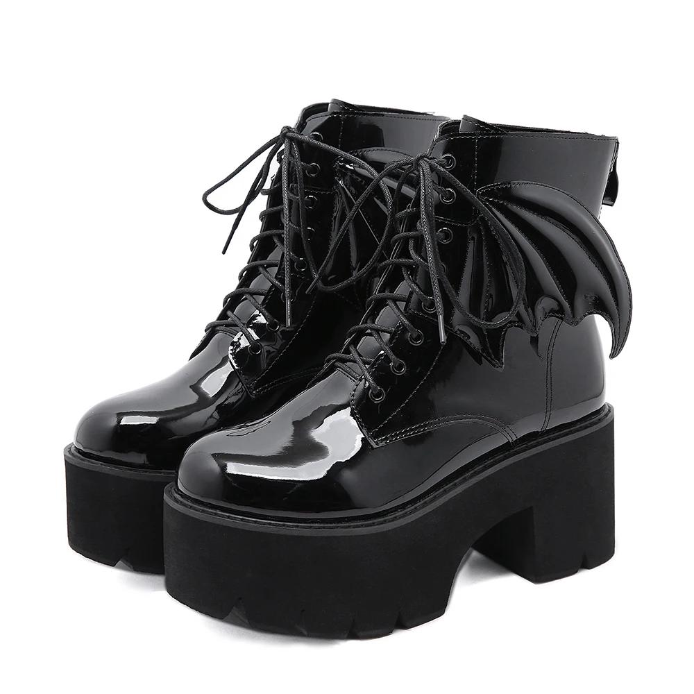 Fashion Comemore Women's Boots Black Back Zipper Chunky Heel Boots Goth Style Lace Up Solid Color Platform Short Botas for Women Fashion