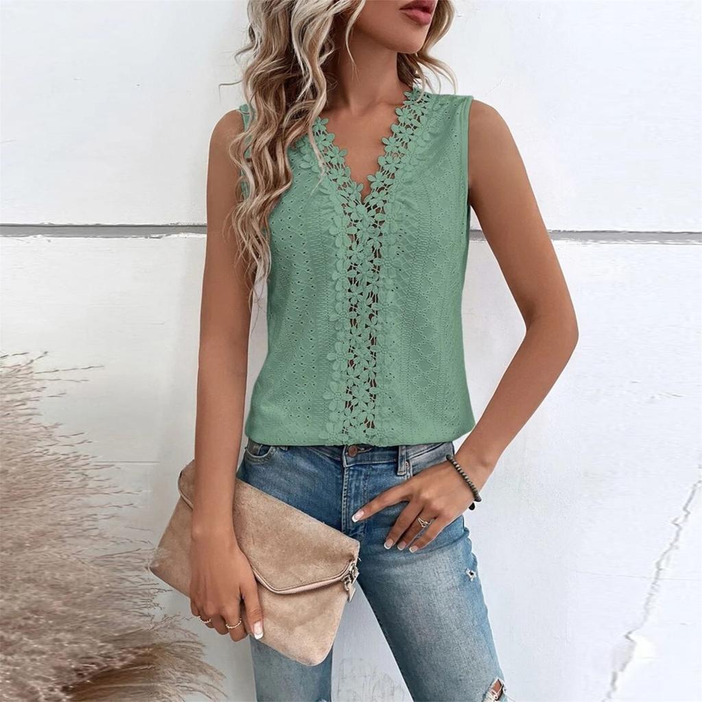 Women Lace Trim Tank Tops V Neck Fashion Casual Sleeveless Blouse Vest Shirts