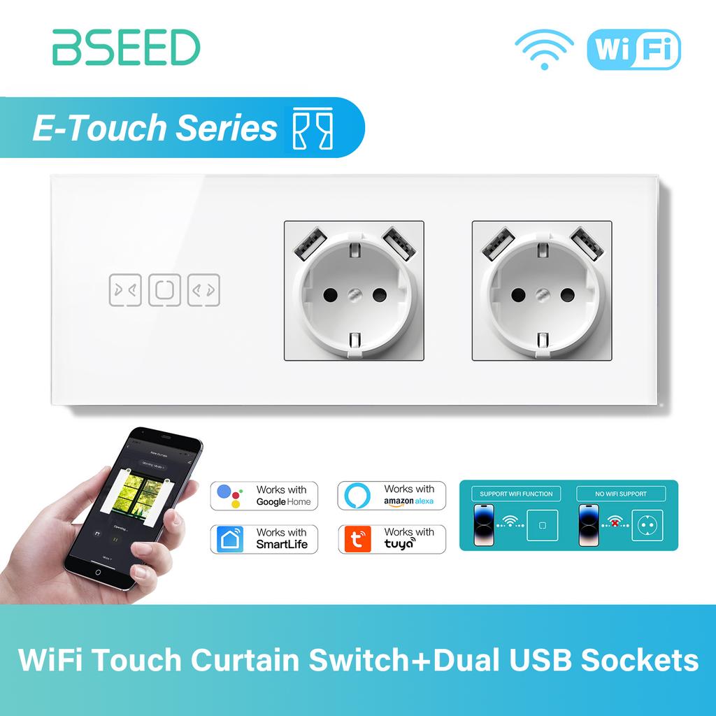 BSEED Tuya WIFI Curtain Switch Smart Touch Curtain Switches Glass Frame Tuya APP Switch EU Wall Sockets with USB-C for Villa Ho