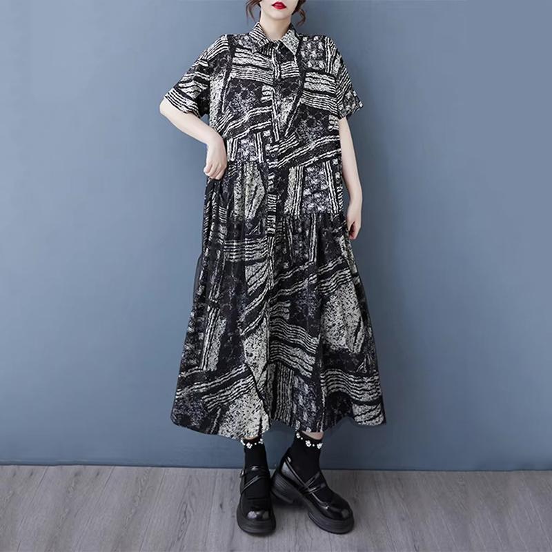 

XITAO Gauze Patchwork Print Single Breasted Dress ZMY1138 One Size чёрный
