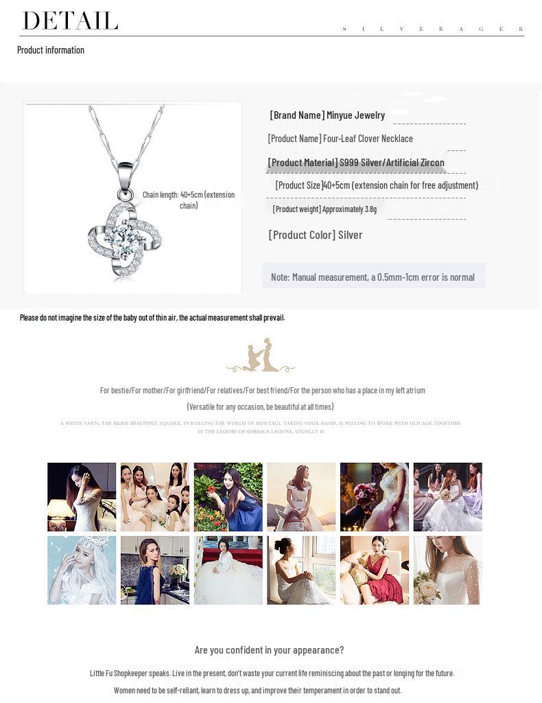 Min Yue 999 Sterling Silver Four-Leaf Clover Diamond Pendant Necklace for Women - Fashionable Light Luxury Design