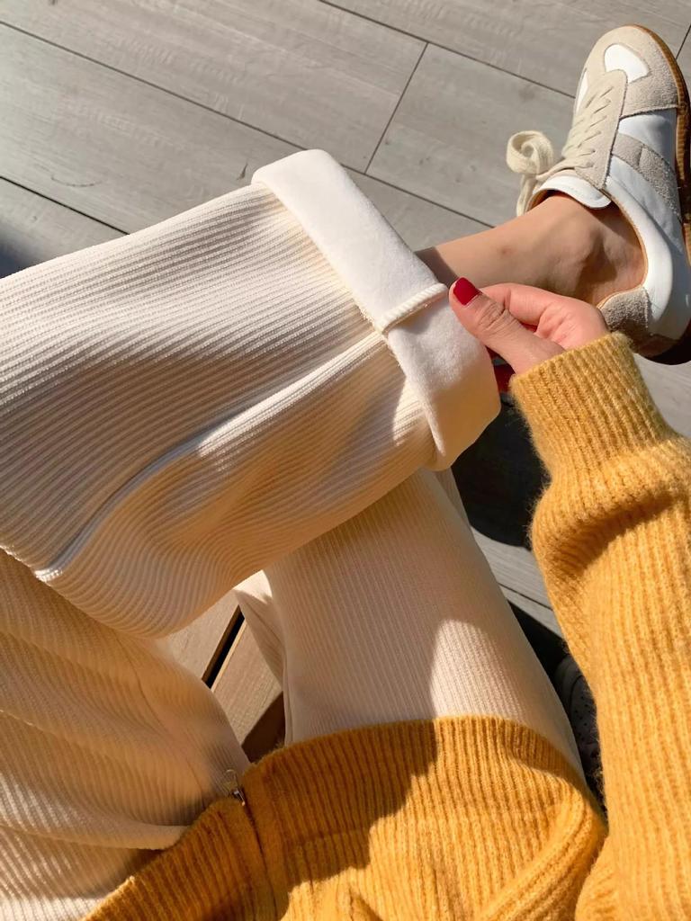 Damen Kaffeefarbene Chenille-Cordhose mit weitem Bein - Herbst/Winter Bodenlang, Lässig Gerades Bein - Weiß