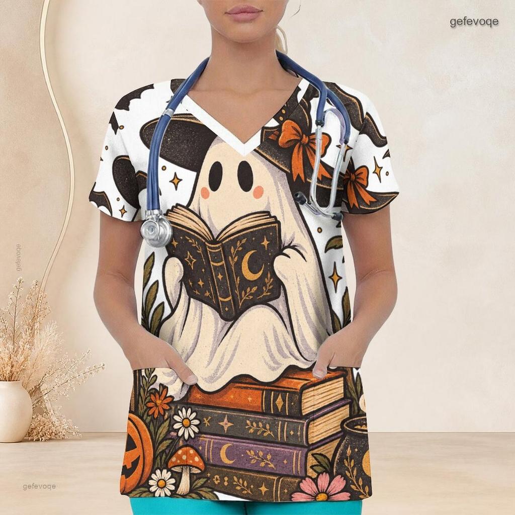 Women Plus Size V Neck Short Sleeve Scrub Top Black Cat Witch Hat Pumpkin Mushroom Halloween Print Nurse Uniform Top