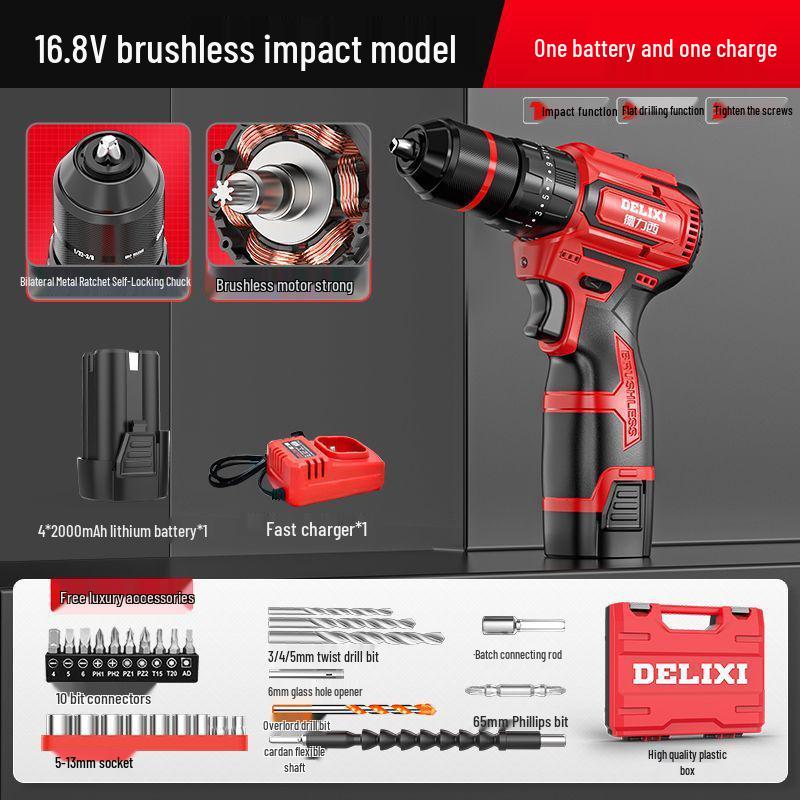 Delixi Cordless Brushless Handheld Drill, Rechargeable Multi-function Hammer Drill with Lithium Battery & Electric Screwdriver