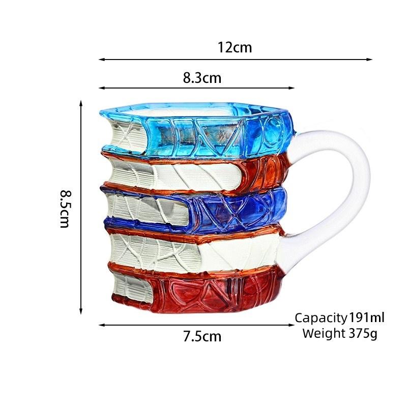 Colorful Stacked Books Shaped Glass Mug, Hand-Painted Stained Glass Style Coffee Cup