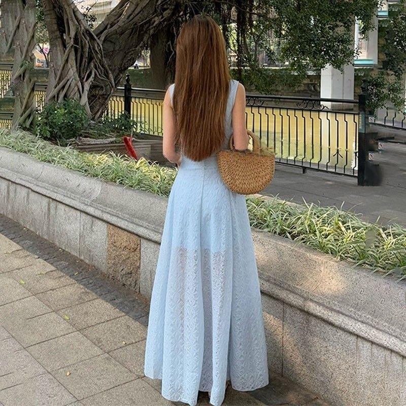 French temperament thin blue lace suspender dress women's summer new seaside vacation style beautiful long skirt